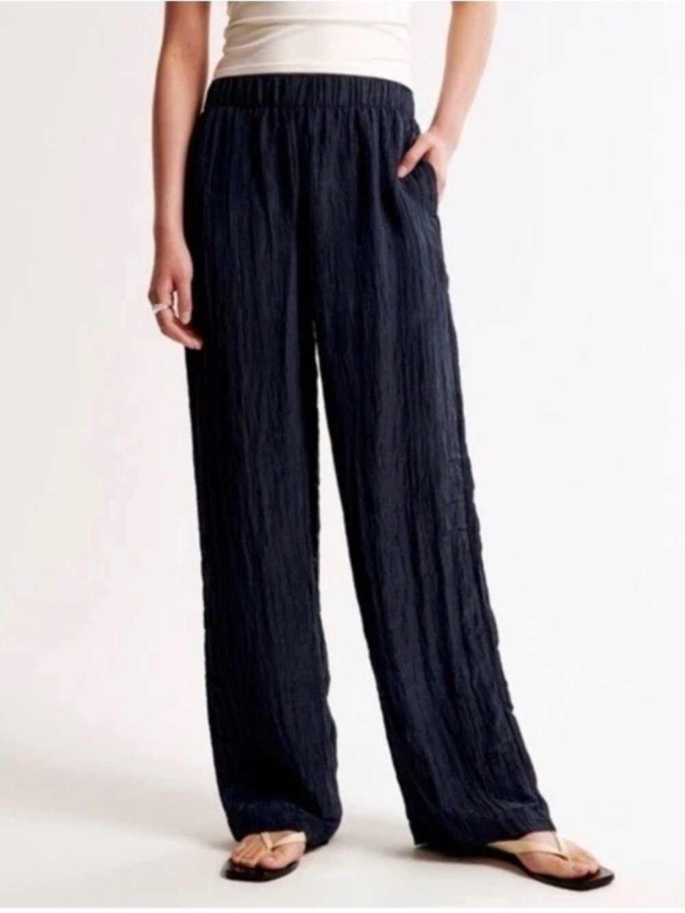 Abercrombie & Fitch Black Textured Wide-Leg Pants Navy Blue